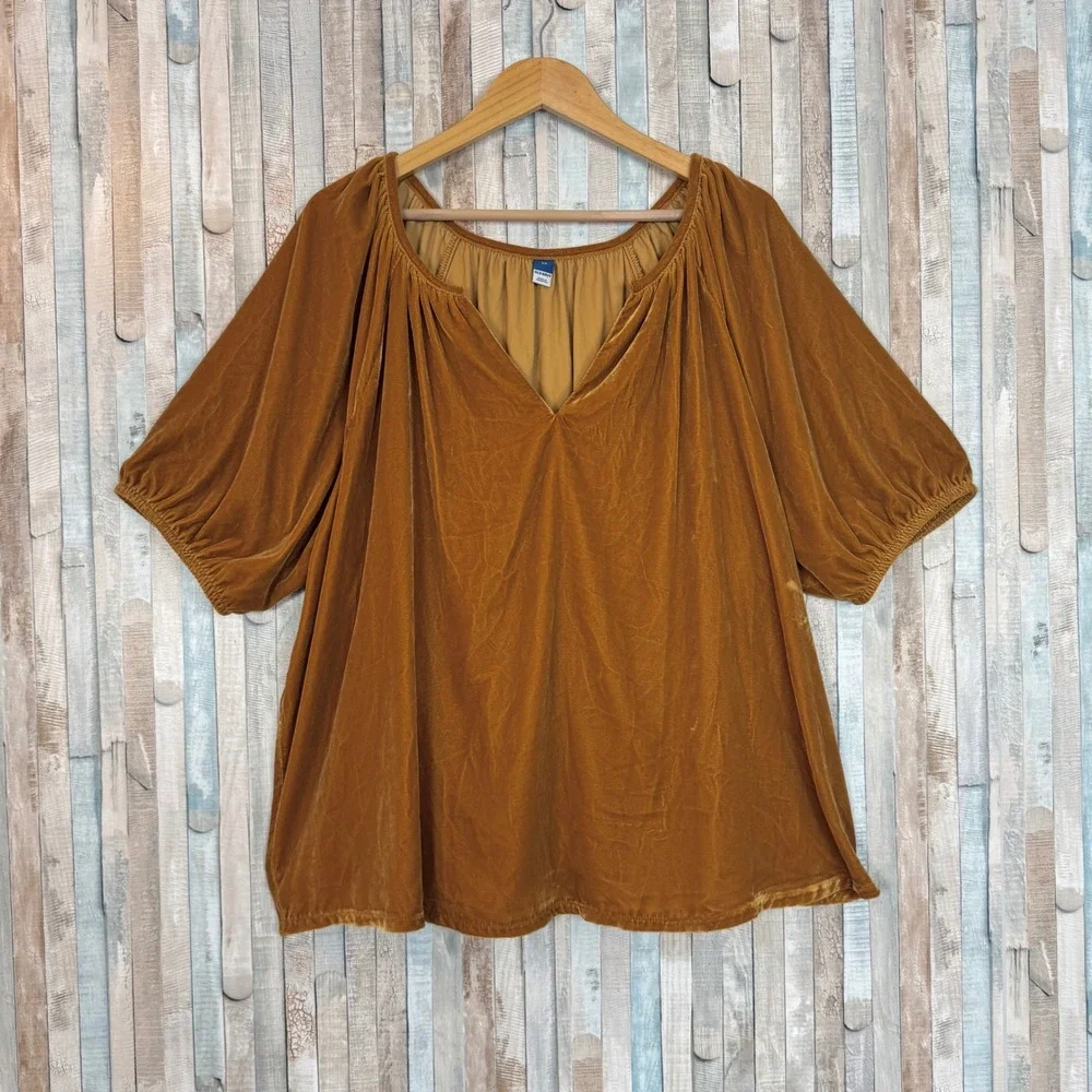 Old Navy 3X Ochre Mustard Gold Velvet Velour Puff Sleeve Split Neck Blouse Top